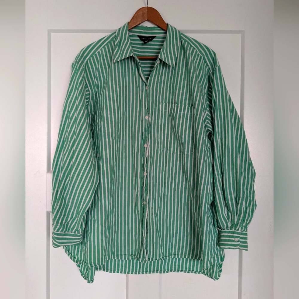 New Look Mint Green and White Striped Button-Down Shirt